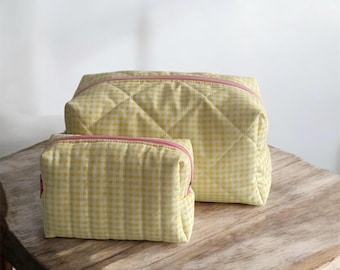 Yellow quilted makeup bag set, pink zipper travel pouch, two-size cosmetic bag, handmade makeup organizer, women’s gift bag