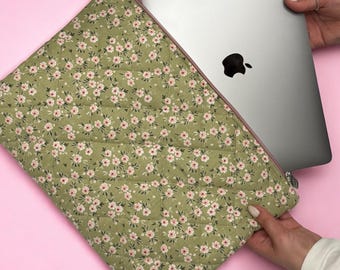Floral Quilted Laptop Sleeve Handmade Cotton Padded Case Green Macbook Pouch