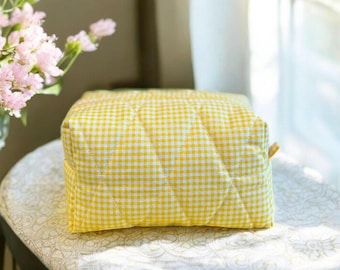 Handmade Quilted Makeup Bag, Yellow Gingham Cosmetic Pouch with Pink Zipper, Travel Toiletry Bag, Cute Aesthetic Organizer