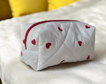 Quilted Heart Makeup Bag, Red-White Cosmetic Pouch, Cosmetic-Toiletry Storage