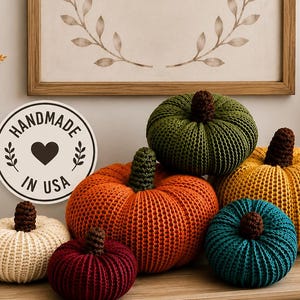 May include: A collection of six crocheted pumpkins in cream, burgundy, orange, olive green, yellow, and teal, each with a brown stem, arranged on a rectangular wooden tray alongside small wooden signs reading grateful thankful blessed and hello FALL.
