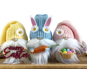 Easter gnome, bunny gnome, knit gnome, holiday spring  gnome, kitchen decor, three tier tray decor, home decorations