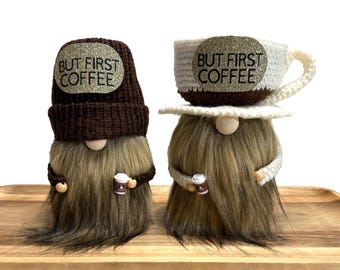 Set of 2- coffee gnome, coffee cup gnome, knit gnome, morning gnome, kitchen decor, three tier tray decor, home decoration