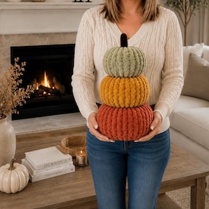 Hand Knit Chunky Chenille stacked Pumpkins, Knit Pumpkins, Fall Decor, Soft Pumpkins, Thanksgiving Deco, Harvest Decor, Halloween Decor