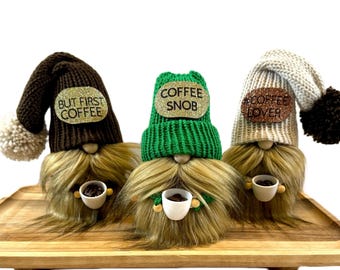 coffee gnome, coffee cup gnome, knit gnome, morning gnome, kitchen decor, three tier tray decor, home decoration