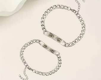 Custom Engraved Stainless Steel Couple Bracelets, Eyes Design, Personalized Coordinates
