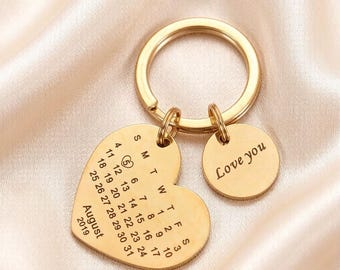 Engraved Heart Calendar Keychain, Personalized Anniversary Gift