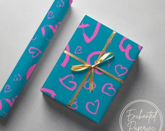 Pink Heart Teal Gift Wrapping Paper - Eco Friendly Gift Wrap, Multiple Sizes