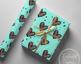 Leopard Print Heart Premium Wrapping Paper Roll - Eco Friendly Gift Wrap for Birthdays, Holidays and Weddings, Unique Designs, Recyclable