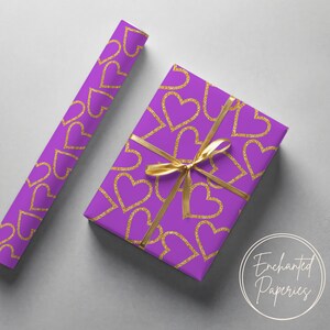 Gold Heart with Purple Premium Wrapping Paper Roll - Eco Friendly Gift Wrap for Birthdays, Holidays and Weddings, Unique Designs, Recyclable