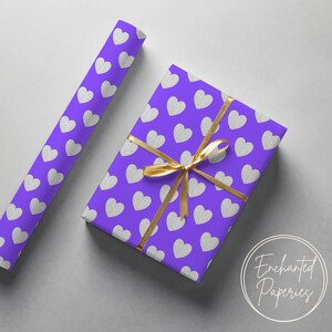 Silver Heart on Purple Premium Wrapping Paper Roll - Eco Friendly Gift Wrap for Birthdays, Holidays and Weddings, Unique Designs, Recyclable