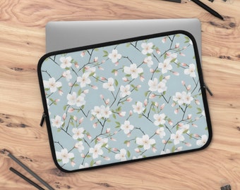 White Cherry Blossoms Blue Design 7 10 13 15 17 Inch Laptop Sleeve, Stylish Laptop Sleeve, Protected Laptop Sleeve Case, Laptop Accessories