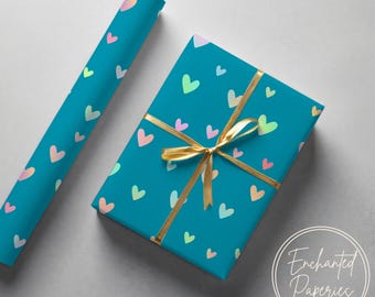 Heart Pattern on Teal Gift Wrapping Paper - Eco Friendly Gift Wrap, Multiple Sizes