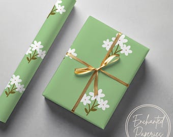 Papel de regalo verde con estampado floral blanco - Papel de regalo ecológico, varios tamaños