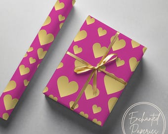 Gold Heart Fuchsia Gift Wrapping Paper - Eco Friendly Gift Wrap, Multiple Sizes