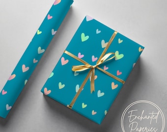 Hartpatroon op groenblauwe premium inpakpapierrol - Milieuvriendelijke cadeauverpakking voor verjaardagen, feestdagen en bruiloften, unieke ontwerpen, recyclebaar