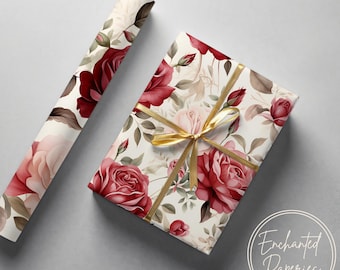 Vintage Red Rose Floral Gift Wrapping Paper - Eco Friendly Gift Wrap, Multiple Sizes
