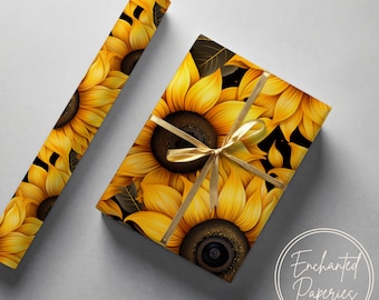 Premium omslagspapper i rulle med gul solros - miljövänligt presentpapper för födelsedagar, högtider och bröllop, unika designer, återvinningsbart