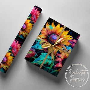 Bright Neon Sunflower Premium Wrapping Paper Roll - Eco Friendly Gift Wrap for Birthdays, Holidays and Weddings, Unique Designs, Recyclable