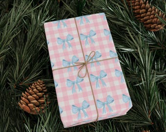 Blue Bow Pink Plaid Gift Wrapping Paper - Eco Friendly Gift Wrap, Multiple Sizes