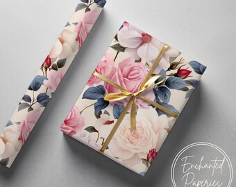 Vintage Rose Floral Premium Wrapping Paper Roll - Eco Friendly Gift Wrap for Birthdays, Holidays and Weddings, Unique Designs, Recyclable