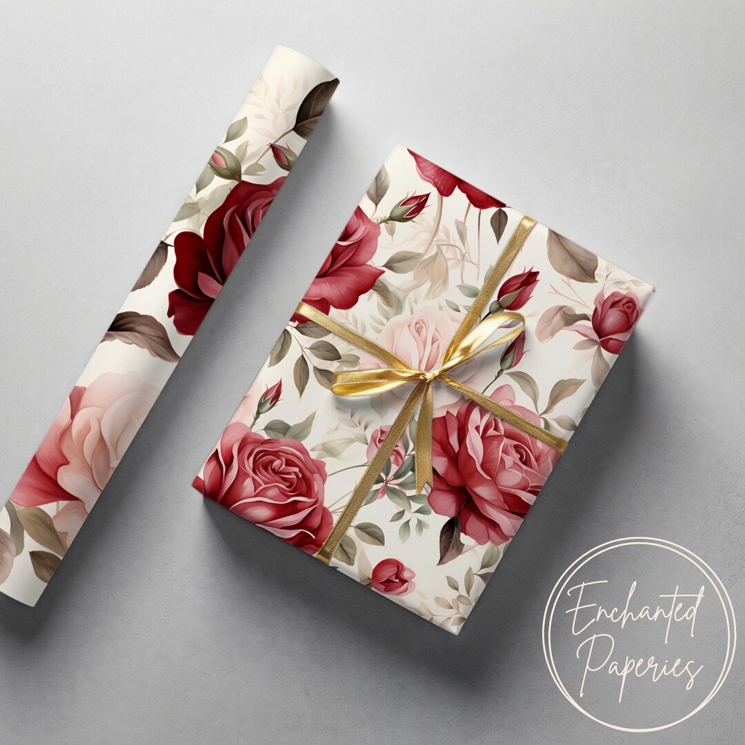 Vintage Red Rose Floral Premium Wrapping Paper Roll - Eco Friendly Gift ...