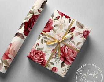 Vintage Red Rose Floral Premium Wrapping Paper Roll - Eco Friendly Gift Wrap for Birthdays, Holidays and Weddings, Unique Design, Recyclable