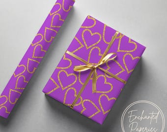 Gold Heart with Purple Gift Wrapping Paper - Eco Friendly Gift Wrap, Multiple Sizes