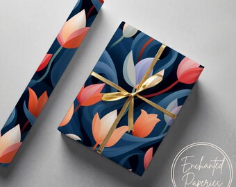 Red Blue Tulip Floral Premium Wrapping Paper Roll - Eco Friendly Gift Wrap for Birthdays, Holidays and Weddings, Unique Designs, Recyclable
