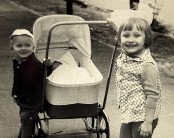 Vintage Children Photo 1960s | Soviet Kids with Baby Pram | Outdoor Street Scene | USSR Real Photo