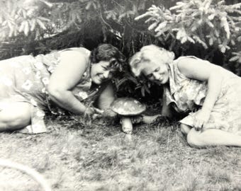 Foto vintage di cacciatrici di funghi: donne con un fungo gigante, anni '60, bianco e nero, arte ritrovata, decorazione forestale originale, arte murale naturalistica unica