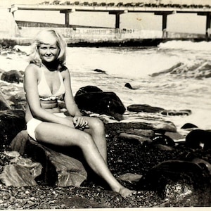 Blonde Pretty Slender Woman Swimsuit Bikini Beach Black Sea Vintage Photo 1970s History Snapshot