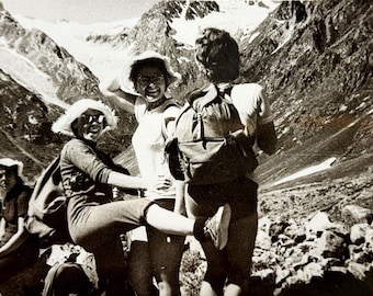 Snapshot Women Hikers Mountain Summit 1960s | USSR Caucasus Trekking Group Found Photo | Backpack Glacier Alpine Joy | Cold War Era Vintage