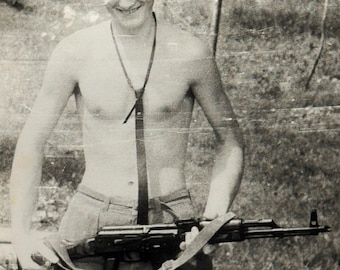 1980s Vintage Photo Shirtless Military Man | Handsome Soldier Snapshot Gay Interest | Male Portrait Army Beefcake Original | Found Photo