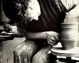 Vintage Photo 1970s | Soviet Potter at Pottery Wheel | Craftsman Workshop Snapshot | USSR Real Photo