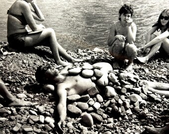 Vintage Photo 1970s | Soviet Beach Humor Man Covered in Pebbles | Funny Seaside Snapshot | USSR Real Photo