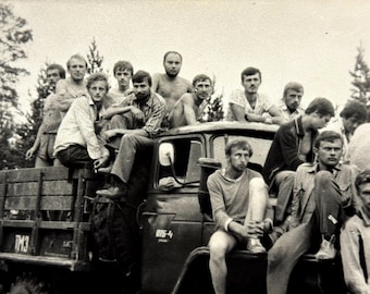 Soviet Men Truck Photo 1982 Surgut Siberia | USSR Workers Group Outdoor Snapshot | Cold War Era Found Photo Black White | Vintage Photograph