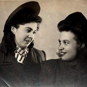 1951 Old Portrait Black & White Two Young Pretty Women Gentle Looks Female Vintage photo