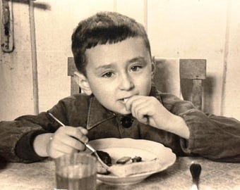 Vintage 1950s Little Boy Eating Photo | Retro Child Portrait | Kids Snapshot | Amateur Photography