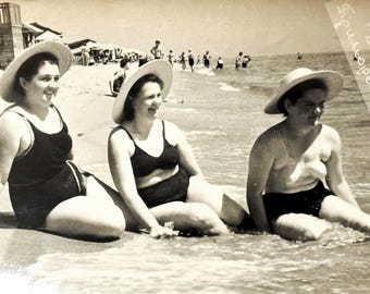Vintage Beach Photo 1958 | Three Curvy Women in Swimsuits | Summer Seaside Snapshot | USSR Real Photo