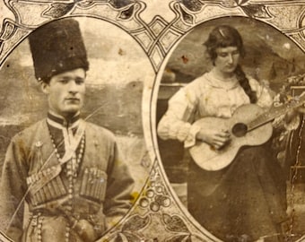 1900s Romance Photo | Woman with Guitarist | Cossack Man Portrait | Original Black White Vintage Photograph | Antique Couples Snapshot