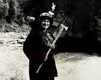 Vintage Woman in Traditional Hutsul Costume with Musical Instrument Photo | Ukrainian Folk Dress | Black White Original Photograph