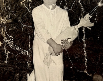 Vintage 1980s Christmas Photo, Child in Bunny Costume Snapshot, Retro Holiday Decor, Kitsch Winter Wall Art, Nostalgic Gift Found Photo