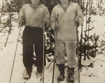 Soviet Navy Sailors Skiing 1954 Severomorsk | USSR Northern Fleet Found Photo |  Winter Snapshot | Vintage Military Photograph Dedication