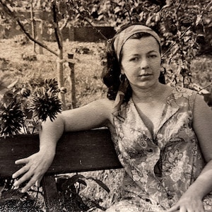 Vintage 1960s Photo – Young Woman Sitting on bench in garden Black and White Original Photograph