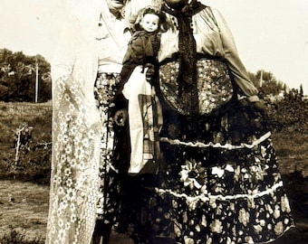1950s Two Women Folk Costume Doll Vintage Photo | Bride Tradition Snapshot Black White | Found Photo History Original | Mid-Century Memory
