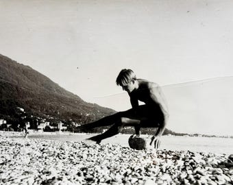 Vintage Photo 1970s | Soviet Handsome Man Acrobat Pose Pebble Beach Mountains | Black Sea Resort Snapshot | USSR Real Photo