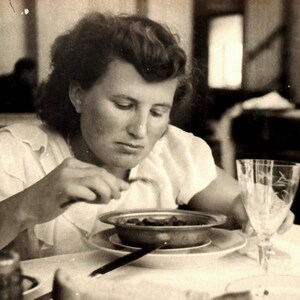 1950s Life photo Soviets Era Young Woman Eating Lunch Original Vintage Snapshot History