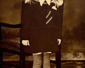 Vintage School Girl Portrait Photo 1950s Child in Uniform Bows Black and White Snapshot Retro Childhood Studio Photo
