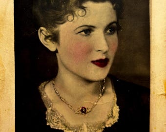 Vintage 1947 Hand Tinted Portrait Photo Young Woman Lace Collar Necklace Signed Antique Snapshot Ephemera